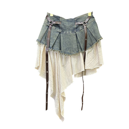 Retro Patchwork Denim Pleated Skirt