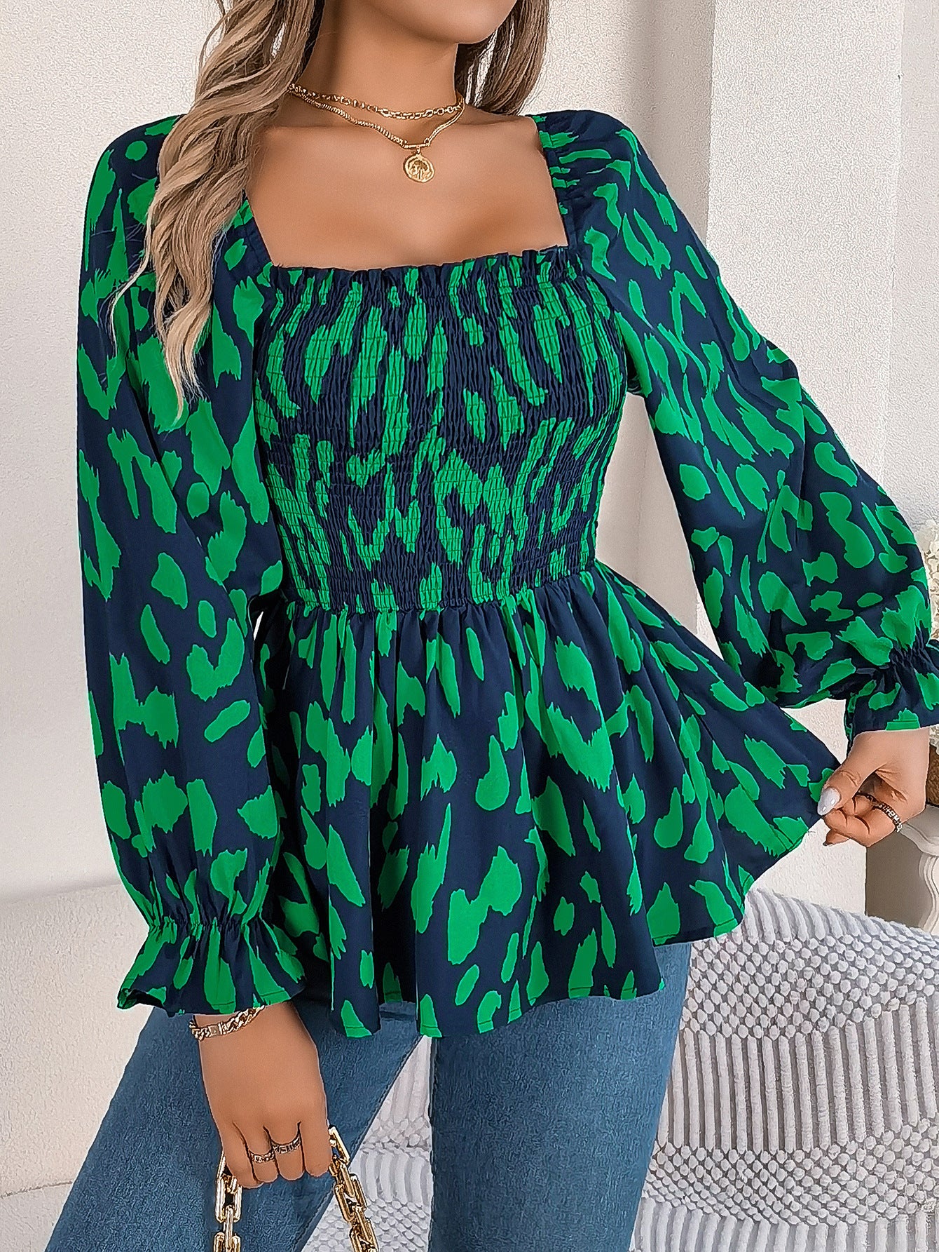 Casual Wooden Ear Square Collar Leopard Print Long Sleeve Chiffon Shirt