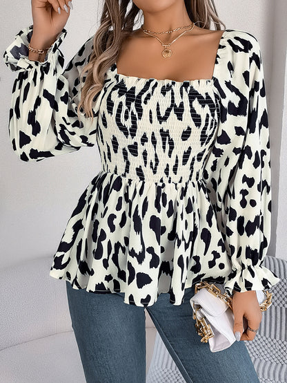 Casual Wooden Ear Square Collar Leopard Print Long Sleeve Chiffon Shirt