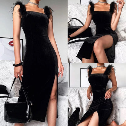 Elegant Slim Fit High Slit Sexy Pleuche Mid-length Dress