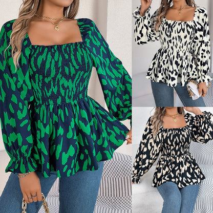 Casual Wooden Ear Square Collar Leopard Print Long Sleeve Chiffon Shirt